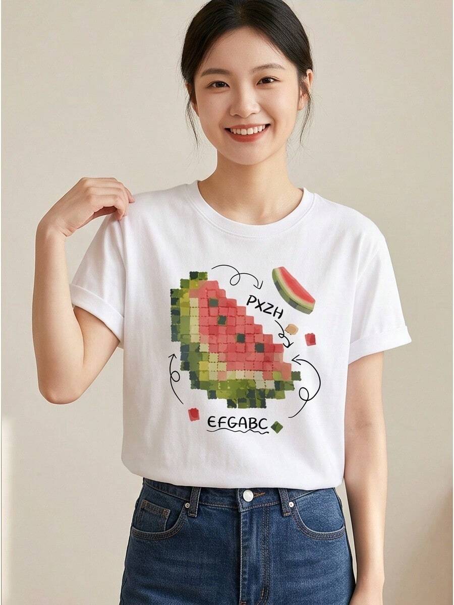Graphic Printed Crew Neck Tee For Ladies, Short Sleeve Spring Summer Daily Wear - White - View 1