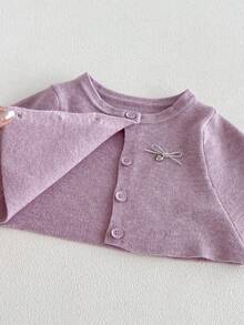 Korean Vintage Plaid Baby Girls 3 Pieces Set, Taro Purple Knit Shawl, Mock Neck Ribbed Top, Bow Flare Pants - Pink - View 5