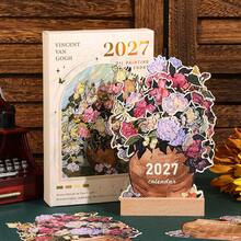 12pcs 2027 Floral Desktop Calendar, Van Gogh Oil Painting Vertical Planner, With Base And Card Slot, Home Office Decor, Ideal New Year And Birthday Gift - Single Piece - View 5