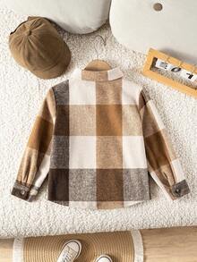 Young Boy Classic Versatile Casual Khaki Plaid Long Sleeve Shacket For Kids - Khaki - View 3