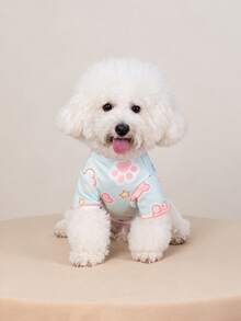 Camiseta para perro con estampado de pata y hueso, ribete de color contrastante, manga corta, ajustada y que cubre el vientre, ropa diaria para cachorro - Celeste - Ver 9