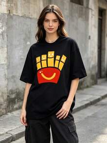 Unisex Oversized Round Neck Cute  Face French Fries Box Cartoon Food Pattern Short Sleeve T Shirt,Available In Black And White Colors - 黑色 - 查看 1