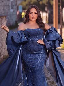 Elegant One-Shoulder Extra-Long Sleeve Mermaid Evening Gown With Cascading Ruffles And Sparkling Embellishments, Suitable For Gala, Wedding, Charity Ball - Navy Blue - View 3