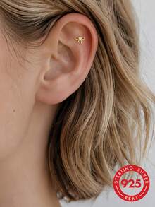 1pc Fashion 925 Sterling Silver Original Cute Bow Earrings, Pure Silver Plated 14K Gold Flat Back Piercing Ear Cartilage Low Hypoallergenic Stud Earrings, Stackable Ear Cuff Piercing Jewelry Suitable For Women's Daily Casual Wedding Wear - Yellow Gold - View 1