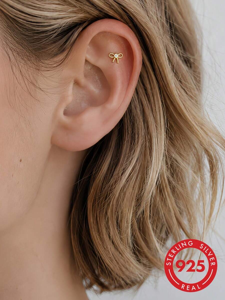 1pc Fashion 925 Sterling Silver Original Cute Bow Earrings, Pure Silver Plated 14K Gold Flat Back Piercing Ear Cartilage Low Hypoallergenic Stud Earrings, Stackable Ear Cuff Piercing Jewelry Suitable For Women's Daily Casual Wedding Wear - Yellow Gold - View 1