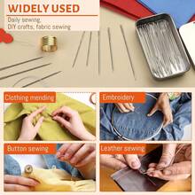 40 Agujas de coser de ojo grande, 7 tamaños de agujas de coser afiladas, adecuadas para costura a mano, hilo de bordado de cuero, agujas de tejer de acero inoxidable (con enhebrador), dedal (para manualidades, remiendo, acolchado), con una herramienta de enhebrado y un portaguja. - Múltiples estilos - Ver 6
