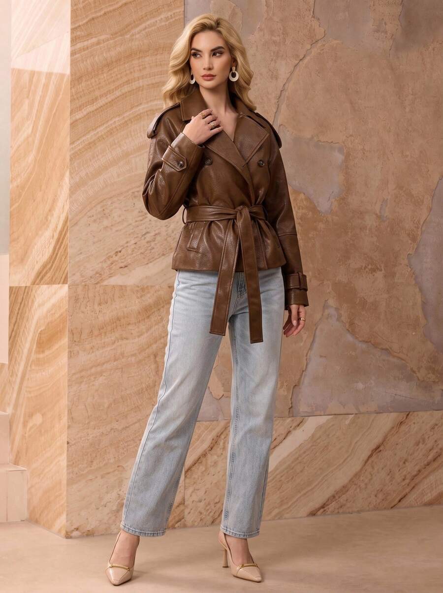 Spring/Summer New Arrival Long Sleeve Lapel PU Leather Short Windbreaker, Casual Waist Cinched Commuting Motorcycle Jacket - Khaki - View 1