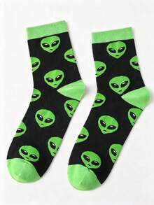 1/3 Pairs Street Style Alien Print Mid-Calf Socks, Unisex, Black And Green Contrast Color Alien Head Pattern, High Elasticity, Moisture-Wicking, Casual Socks, Hip-Hop Style, Matches Cargo Pants And Sneakers, All-Season Wear - Multicolor - View 5