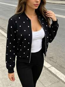 Fashionable Commuter Polka Dot Print Flight Jacket - Black - View 2