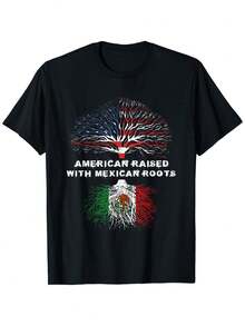 Men Gifts [100% Cotton] American Raised Mexican Roots T-Shirt With Flag Inspired Tree Design . - 黑色 - 查看 1