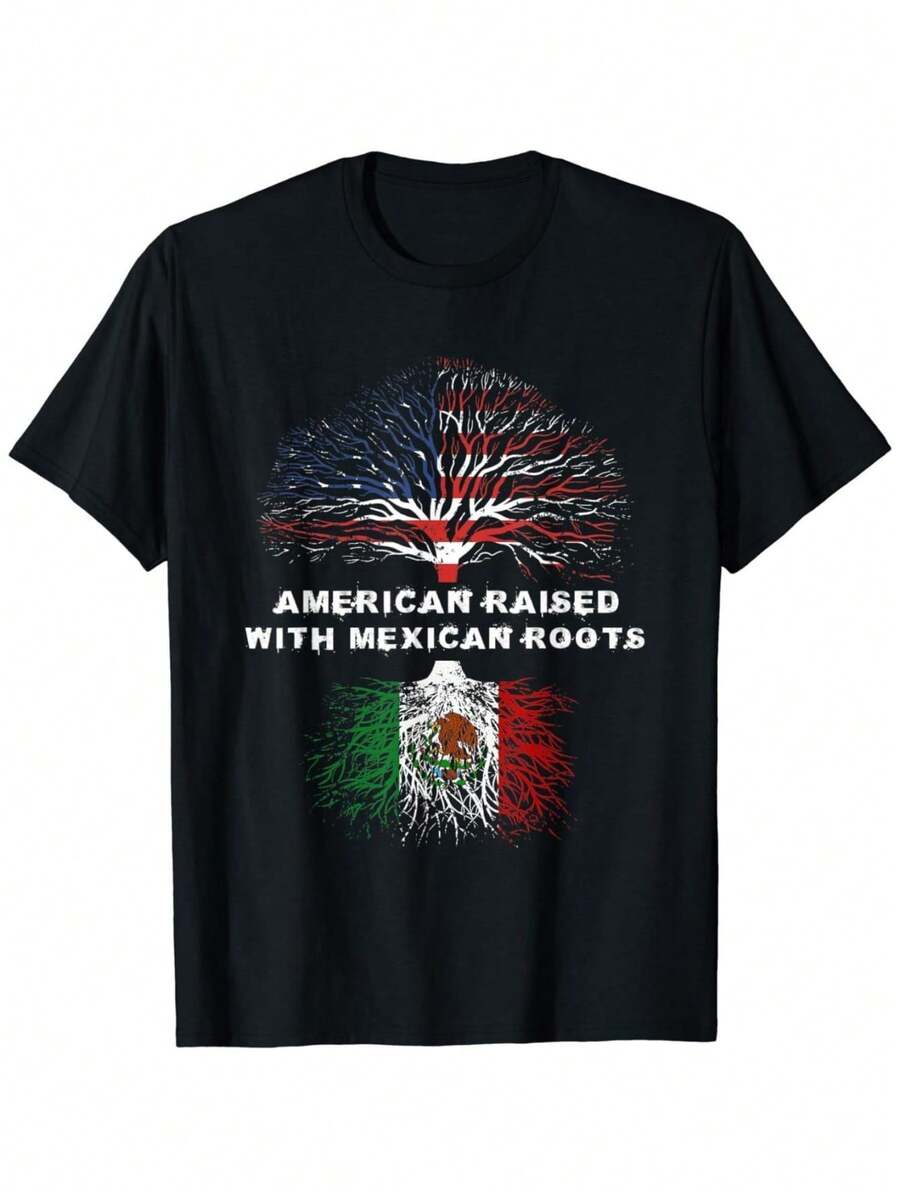 Men Gifts [100% Cotton] American Raised Mexican Roots T-Shirt With Flag Inspired Tree Design . - 黑色 - 查看 1