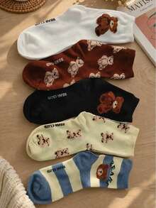 5 Pairs Women's Bear Pattern Mid-Calf Socks, Cute Cartoon Japanese Style Long Tube Socks Suitable For Spring, Summer, Autumn & Winter Daily Wear - Multicolor - View 1