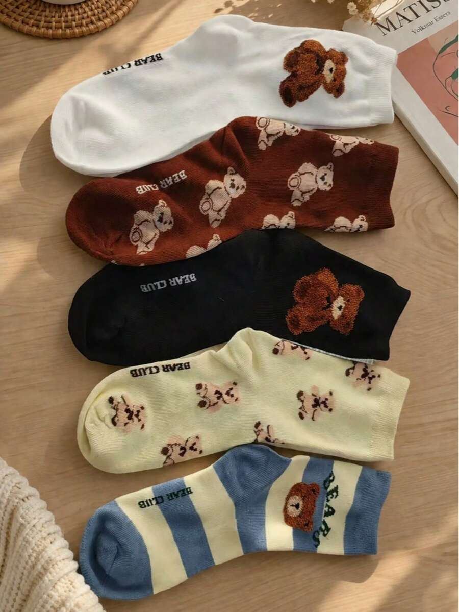 5 Pairs Women's Bear Pattern Mid-Calf Socks, Cute Cartoon Japanese Style Long Tube Socks Suitable For Spring, Summer, Autumn & Winter Daily Wear - Multicolor - View 1