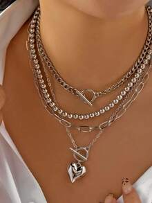 1 Set Kalung Multi-Layer Stackable OT Clasp Gold Bead Heart & Paperclip, Desain Halus untuk Pemakaian Sehari-hari dan Hadiah - MultiWarna - View 4
