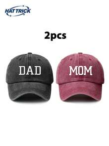 2入組不分男女款DAD+MOM印花復古棒球帽，時尚的父母帽適用於男女，帽圍可調整大小，適用於戶外和日常穿戴，是節日和卡車司機的理想禮物 - A - 查看 2