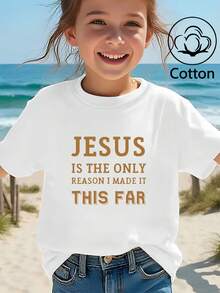Girls' Inspirational Faith T-Shirt Featuring Gold 'Jesus Is The Only Reason I Made It This Far' Scripture Text Print - White - View 3