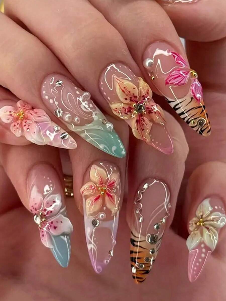 24片時尚西式杏仁形穿戴甲:3D磨砂花卉與虎紋漸層色塊美甲貼 - 彩色 - 查看 1