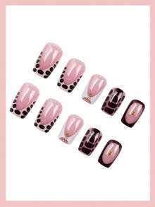 24pcs Medium Rectangle A-Shape Nude Pink Transparent Shiny Brown Leopard Print Rhinestone Nail Stickers Meilada Light European American Sweet Cool Hot Girl Style Daily Removable Self-Adhesive Fake Nails - 彩色 - 查看 3