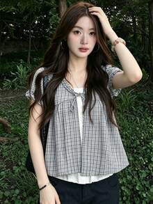 日系女款 2 合 1 短袖上衣，夏季蕾絲飾邊格紋修身學院風上衣 - 淺灰色 - 查看 3
