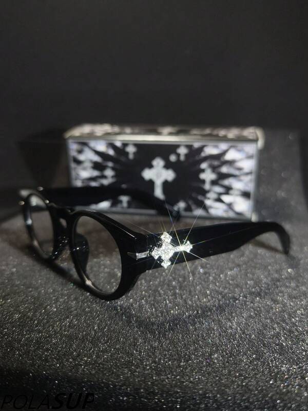 Diamond Heart Cross 1pc Geometric Cross Pattern Shiny Elegant Sexy Cute Palace Style Party Vintage Casual Bohemian All-Season Fashion Street Style High-End Board Material Unisex New Retro Artistic Oval Glasses European And American Cross-Border Cat Eye Flat Lens Glasses Men's Retro Fashion Street Style Versatile Indoor Business Office Glasses With Heart And Cross Rhinestone Decorated Temples