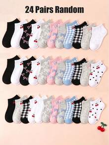 12/24 Pairs Random Style Ankle Socks For Baby, Cute Cherry Bow Pattern, Plaid Polka Dot Pattern, Baby Stuff, Baby Girl Essential, Girls Socks, Newborn - Multicolor - View 12