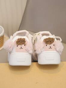 Girls' Autumn/Winter New Cute White Sneakers | 3D Plush Puppy Ear Design | Casual Skate Shoes | Adorable Cartoon Sports Shoes - Pink - View 3