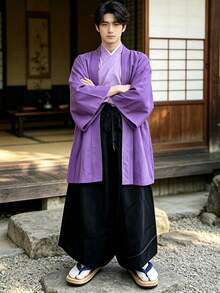 Japanese Style Haori Solid Color Minimalist Cardigan Kimono Cosplay Costume Summer Dopamine Thin Outerwear Daily Commute Mid-Length Layering Solid Color Vintage Top - Purple - View 5