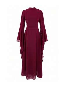 Women's Solid Color Bell Sleeve Elegant Party Occasion Long Dress - Burgundy - View 6