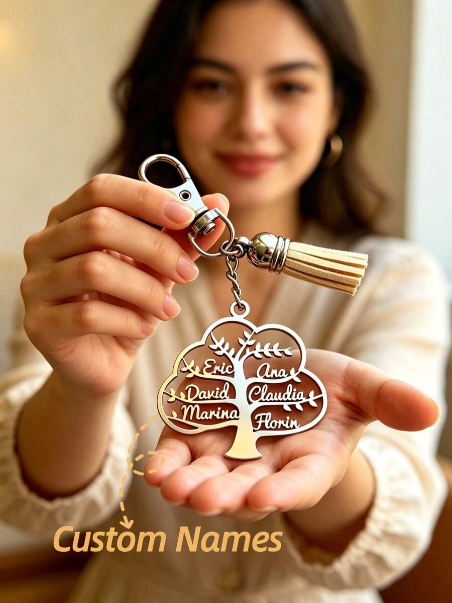 客製化生命之樹鑰匙圈，個性化家族姓名生命之樹鑰匙圈，流蘇心形生命之樹鑰匙圈，不鏽鋼飾品，婚禮伴娘禮物，母親節禮物，夏季飾品，背包、手提包、汽車鑰匙圈配件吊飾