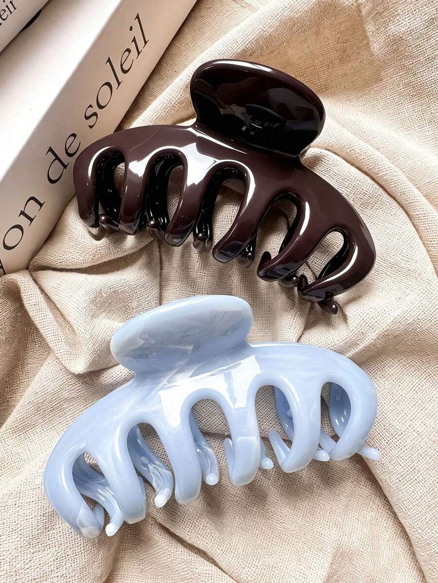 2pcs/1pc Women's 10cm/3.94in Chocolate Brown & Blue Jelly Texture Elegant Dragon Bone Hair Claw Clip, New Versatile Hair Clip For Half-Up, Ponytail, Bun, Back Of Head, Minimalist Solid Color Hair Accessory For Daily Wear, Casual, Party, Commute, Beach, Vacation, Washing Face, Bathing, Makeup, Outfit Matching, Hair Styling - Multicolor - View 1