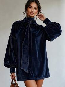 Vuslat Women's Autumn French Style Navy Blue Velvet Lantern Sleeve Large Bowknot Short Dress, Suitable For Evening Party, Commute, Office - Navy Blue - View 5