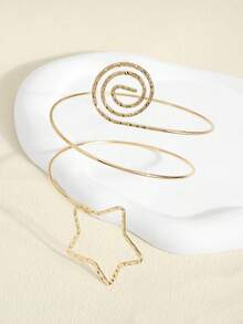 Brazalete minimalista de moda con círculo & estrella de cinco puntas, brazalete abierto - Dorado - Ver 4