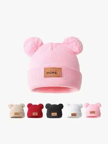 5pcs/Set Baby Autumn/Winter Hat Combination MINI Fabric Label Double Ball Knit Hat Suitable For Daily Use - Multicolor - View 2