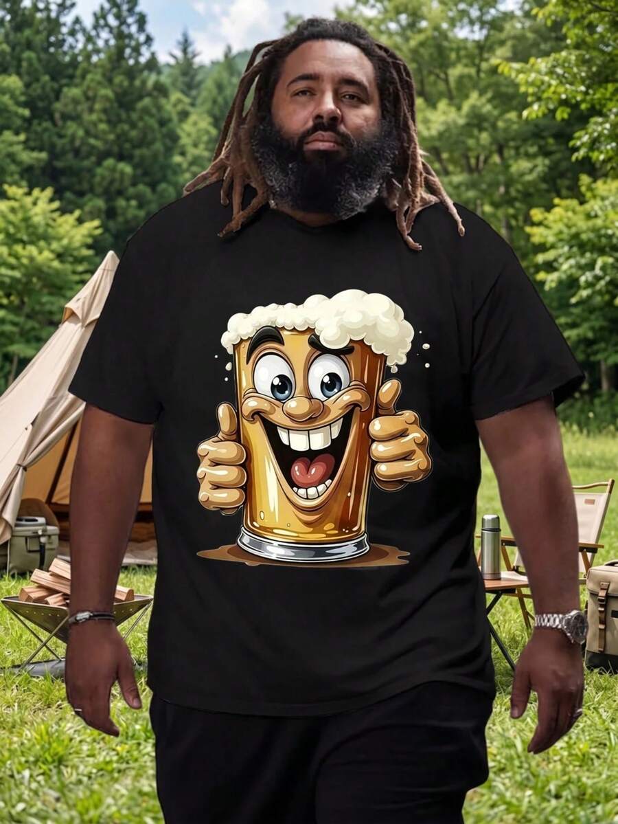 1 Short-Sleeved T-Shirt With A Round Neck And Cartoon Beer Mug Print, 100% Cotton - 黑色 - 查看 1
