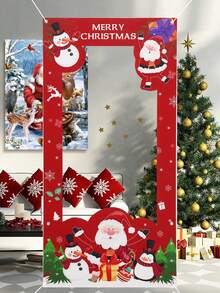 1件裝聖誕紅色懸掛式拍照框，聖誕老人與雪人圖案，Merry Christmas乙烯基拍照背景框，拍照亭背景布條，聖誕裝飾，聖誕裝飾，聖誕裝飾，派對背景裝飾，室內/室外節日派對裝飾，拍照道具，冬季居家裝飾 - 彩色 - 查看 5