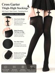 1 par de medias altas hasta el muslo transparentes con tirantes y decoración de cruz negras para mujer, estilo gótico alternativo Y2K, para festival, fiesta y salidas nocturnas - Negro - Ver 3