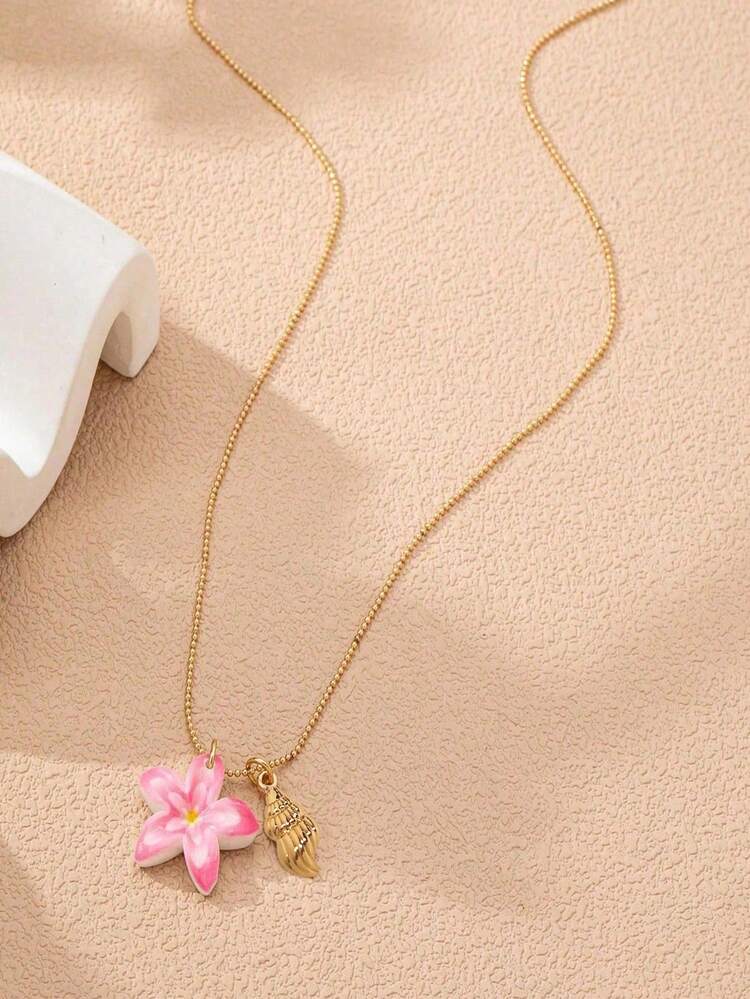 Fashionable Summer Necklace, Starfish Flower Shape Small Fish Design Faux Pearl, Multi-Pendant Design, Beach Accessory Necklace - Multicolor - View 10