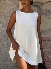 Women's Sleeveless White Casual Short Tank Dress, Round Neck Flared Hem, Perfect Summer Sun Dress - White - View 6