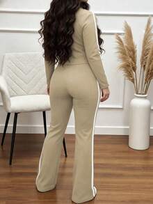 Women's Casual 2 Pieces Tracksuit Set For Spring/Autumn, Featuring A Stand Collar Short Striped Zip-Up Jacket Paired With Striped Straight-Leg Pants, Slightly Stretchy Yoga Outfit For Slim Fit - Apricot 18 - View 7