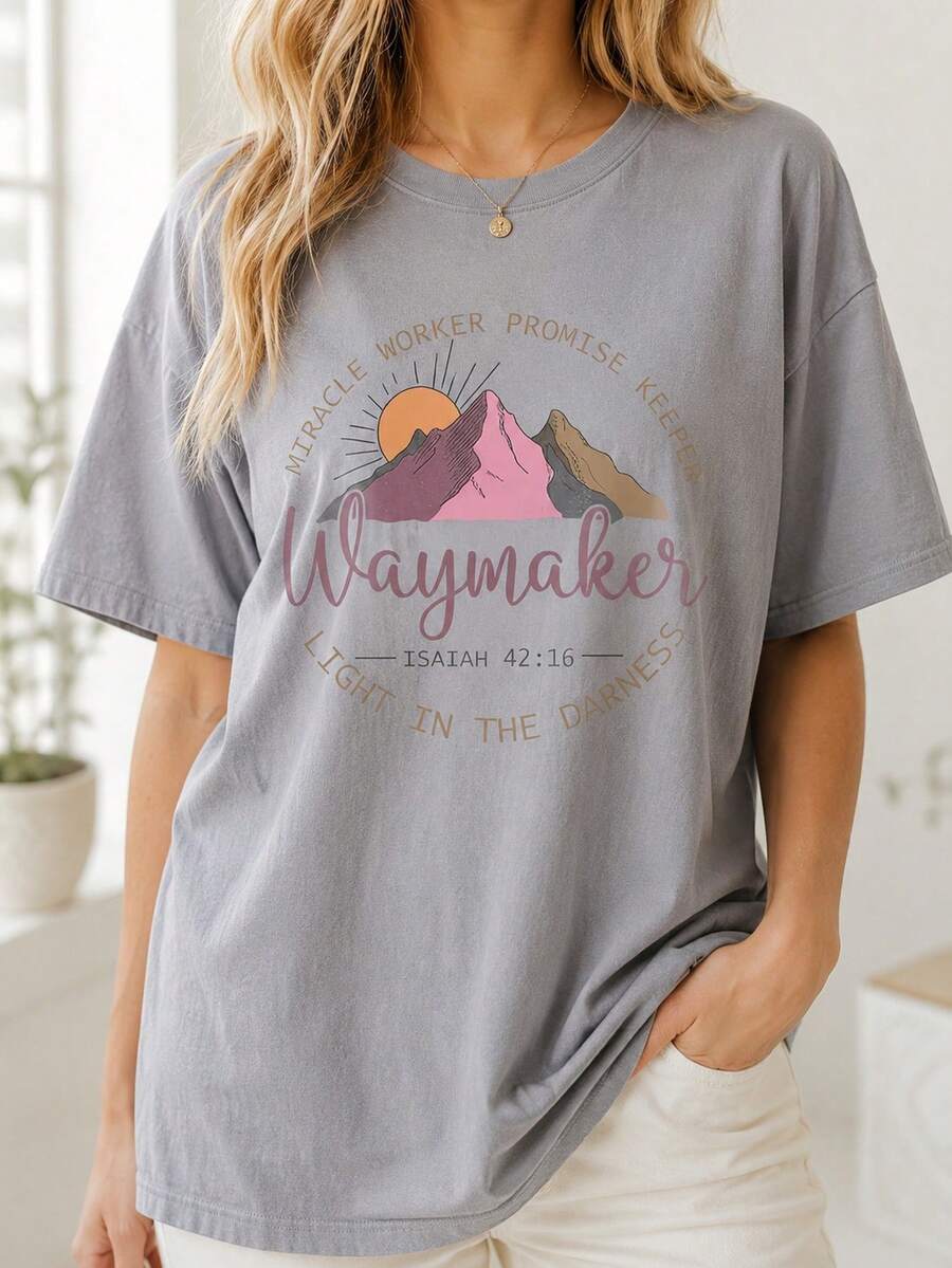 Women's Grey Cotton Waymaker Graphic T-Shirt Casual Short Sleeve Round Neck Top, Perfect For A Vacay Look - 淺灰色 - 查看 1