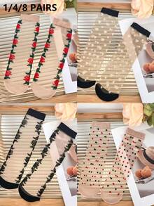 1/4/8 Pairs Women's Thin Mesh Socks, Summer Sheer Silky Lace Short Socks, Cute Knee-High Socks, Also Suitable For Autumn Wear - Multicolor - View 10