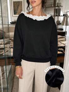 Women's Black Fleece Lined Sweatshirt, Ruffle Collar, Pleated Details, Long Sleeve, Perfect For Autumn - Black - View 1
