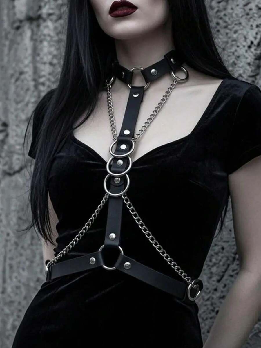 1 pieza Cinturilla de moda negra para mujer, bustier sexy con arnés para uso diario, Halloween, festival de música, fiesta de carnaval, conjunto a juego - Negro - Ver 1