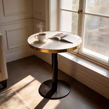 Modern Round Side Table With A Gold Stainless Steel Frame, Marble-Effect Top For Living Room, Luxury Side Table With A Sturdy Base. - White + MDF - 查看 7
