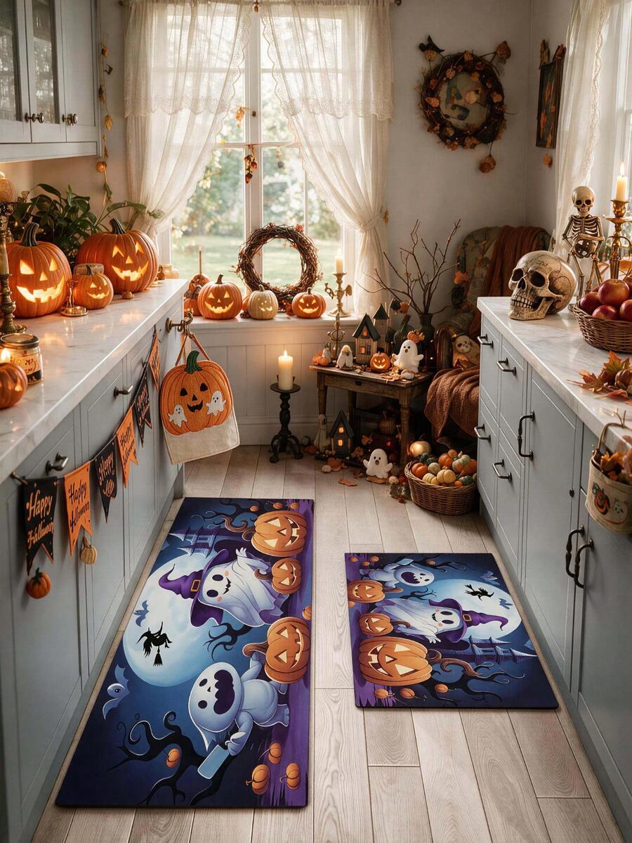 1/2pcs Halloween Kitchen Decor Rug, Cute Ghost Pumpkin Kitchen Rug And Mat, Non-Slip Washable Absorbent Kitchen Accessories Decor Mat - Multicolor - View 1