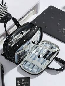 1pc Handheld Black Polka Dot Pencil Bag With Lace Ruffle Trim, 4-Layers Soft Handle Portable Stationery Case, For Student Study, Desktop Storage, Educational Gift, Back-To-School Season - Pencil Case - View 4