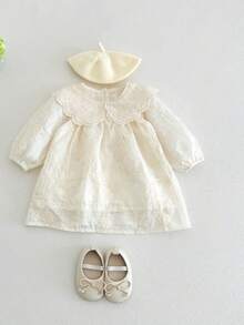 1pc Baby Girl Lace Peter Pan Collar Long Sleeve Soft Dress - Beige - View 3
