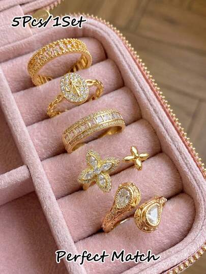 5 Stücke Luxus Kupfer Ringe mit offener Kette und kubischen Zirkonia, geeignet für Frauenpartys und Zusammenkünfte