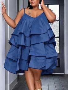 2026 大码女式纯色多层无袖缎面迷你连衣裙，蓬蓬裙摆，优雅正式假日礼服，春夏新品，奢华风格 - 寶藍色 - 查看 1