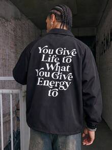 MAISONFOX Jaket Coach Pria Hitam dengan Resleting, Slogan di Depan & Grafis Besar di Belakang, Mantel Bomber Lengan Raglan Ringan, Pakaian Luar Streetwear - Hitam - View 3